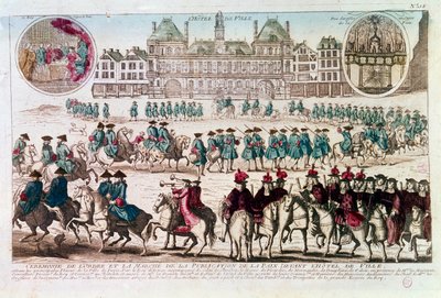 Processione in occasione della Cerimonia di Pubblicazione della Pace davanti al Municipio (Place de Greve). Incisione del XVIII secolo B.N. Parigi da Unknown artist