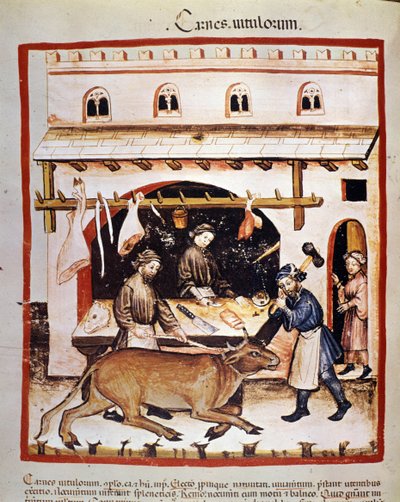 Produzione e vendita (macelleria) di carne bovina: un bovino viene stordito. Miniatura dal Tacuinum sanitatis da Unknown artist