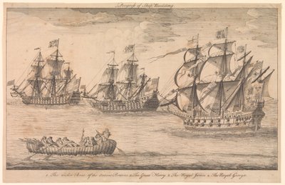 Progresso della costruzione navale. 1. La barca di vimini degli antichi Britanni 2. The Great Harry 3. The Royal James 4. The Royal George da Unknown artist