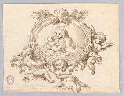 Progetto: Tre angeli volanti che sostengono una cornice ovale con la rappresentazione della Vergine con Bambino da Unknown artist