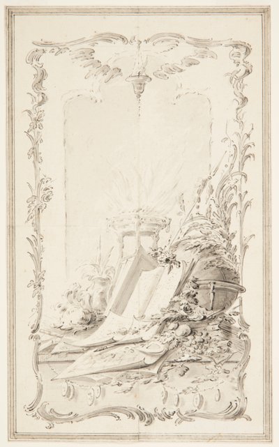 Progetto per illustrazione di un libro; Un pannello con attributi delle scienze e di un eroe da Unknown artist