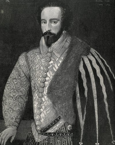 Sir Walter Raleigh (1554-1618). Marinaio, esploratore e broker inglese. Ritratto di Sir Walter Raleigh. Inciso nel 1891, eseguito dopo un originale anonimo conservato alla National Portrait Gallery di Londra. Incisione da Unknown artist