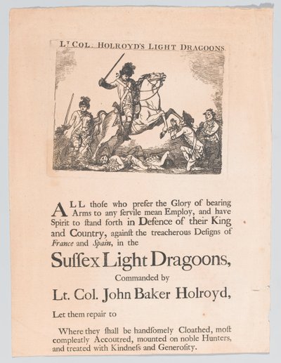 Manifesto di reclutamento per i Dragoni Leggeri del Tenente Colonnello Holroyd, circa 1780 da Unknown artist