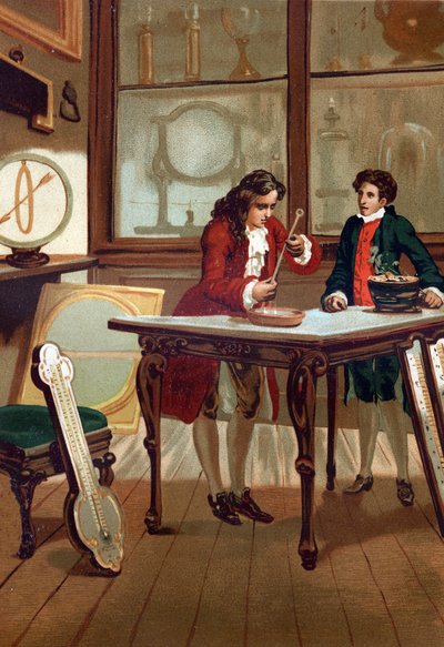 René Antoine Ferchault de Réaumur (1683-1757), chimico e fisico francese, costruisce il suo termometro nel 1730. Da "La Ciencia y sus Hombres" di Louis Figuier, Barcellona 1881 da Unknown artist