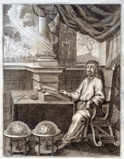 René Descartes (1596 - 1650) nel suo ufficio con attrezzature scientifiche. Incisione del XVII secolo da Unknown artist