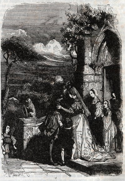 Renaud che ritorna alla sua famiglia - incisione del 1851 da "Orlando Furioso" da Unknown artist