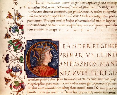 Rappresentazione di Alessandro Magno (356-323 a.C.) re di Macedonia. Miniatura tratta da "Paralleli degli uomini illustri" di Plutarco (46-125 d.C.) XV secolo. Cesena, Biblioteca Malatestiana da Unknown artist