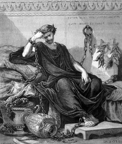 Rappresentazione di Damocle incatenato tra le vivande del banchetto durante il quale Dionisio il Vecchio gli fece pendere una spada sopra la testa per mostrargli la fragilità della felicità. Incisione del XIX secolo da Unknown artist
