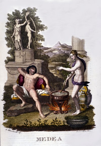 Rappresentazione di Medea che prepara le sue maledizioni dopo il ciclo degli Argonauti. Incisione del 19° secolo. da Unknown artist
