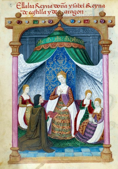 Rappresentazione della regina Isabella del Portogallo circondata dai suoi compagni e Pedro Marcuello che le offre il suo libro da Unknown artist