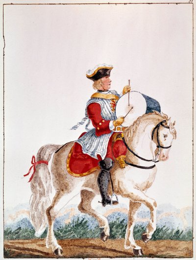 Rappresentazione di un moschettiere francese del periodo di Luigi XV. Gouache del XVIII secolo da Unknown artist