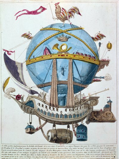 Rappresentazione di un viaggio in mongolfiera, incisione satirica del XVIII secolo da Unknown artist