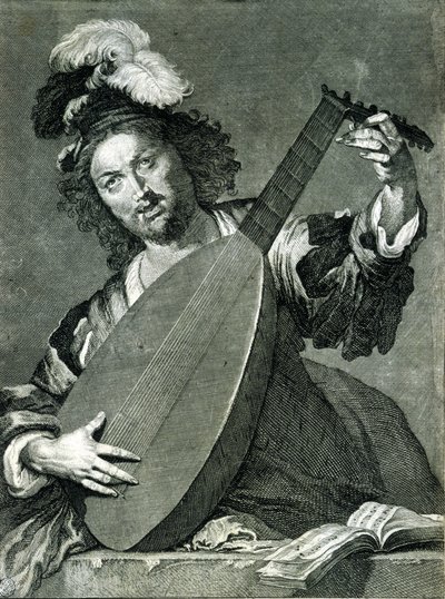 Rappresentazione di un suonatore di liuto che accorda il suo strumento. da Unknown artist