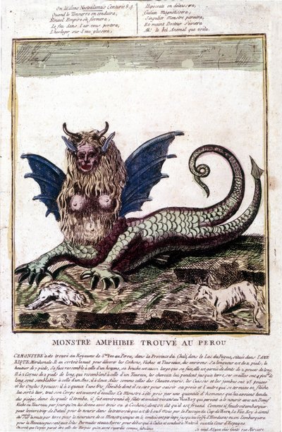 Rappresentazione di un mostro trovato in un lago del Perù: ha un volto umano, corna, ali di drago, criniera di leone, corpo di rettile, seno di donna. Stampa popolare del XVIII secolo da Unknown artist