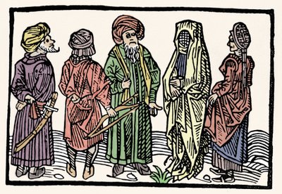Rappresentazione del grano saraceno. Uomini con braccia intrecciate e donne velate. Xilografia del XV secolo da Unknown artist
