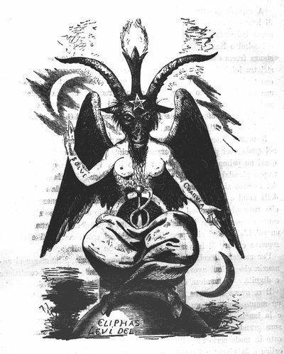 Rappresentazione del Baphomet: un mostro con testa di capra e corpo di donna con citazioni alchemiche sulle braccia 