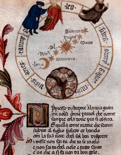 Rappresentazione del poeta italiano Dante Alighieri e del sistema tolemaico - Miniatura da Unknown artist