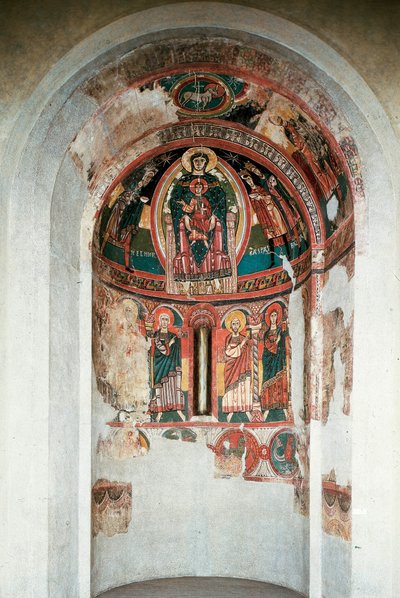 Rappresentazione della Vergine e del Bambino circondati dai Re Magi. Affresco dell