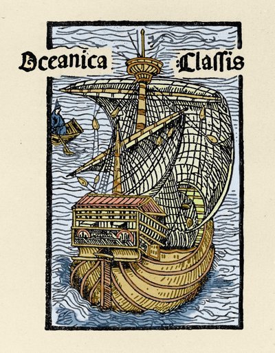Rappresentazione della caravella Santa Maria di Cristoforo Colombo (1451-1506). Incisione da "De insulis in mare Indico super inventis", Bale 1493-1494 (traduzione latina del rapporto di Colombo al re di Spagna) da Unknown artist