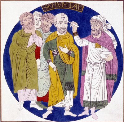 Rappresentazione della consacrazione di un vescovo risalente al XIX secolo dopo un dipinto su vetro realizzato al tempo di Abate Suger da Unknown artist
