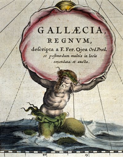 Rappresentazione di un tritone, creatura leggendaria metà uomo metà pesce. (dettaglio) di "Atlas novus" 1642 da Unknown artist