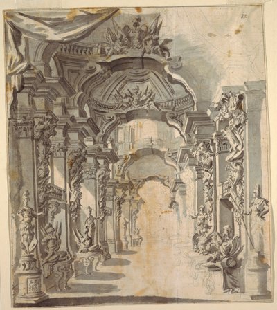 Galleria riccamente decorata (con trofei su piedistalli) da Unknown artist
