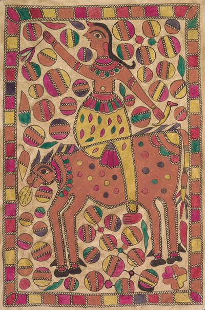 Cavaliere e creatura bovina quadrupede con bordo di quadrati colorati da Unknown artist