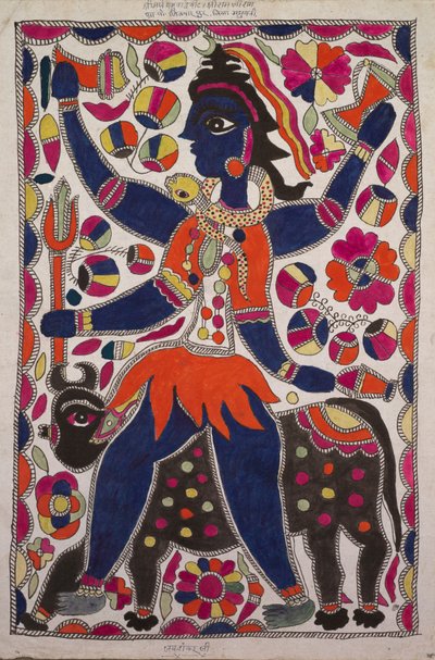 Cavaliere e creatura bovina quadrupede con bordo di quadrati colorati, palette viola, arancione e magenta con iscrizione in alto e in basso da Unknown artist