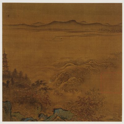 Paesaggio fluviale: una pagoda, rapide spumeggianti, colline lontane da Unknown artist