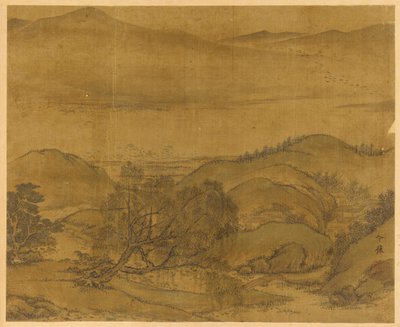 Paesaggio fluviale: un salice e altri alberi, colline ondulate e una catena montuosa alta da Unknown artist