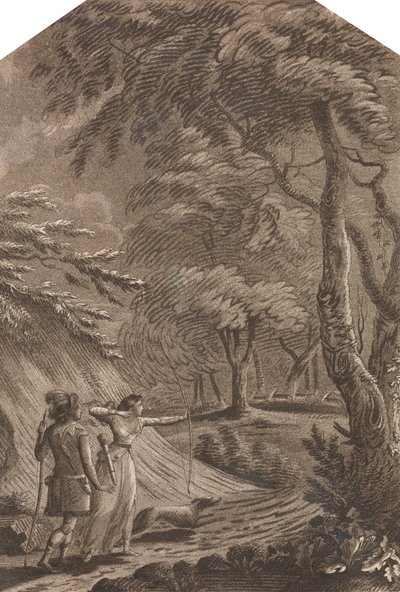 Robin Hood e Clarinda che Cacciano Cervi in un Paesaggio Boschivo da Unknown artist
