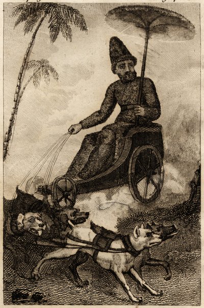 Robinson Crusoe sul suo carro trainato da sei cani, incisione inserita in 