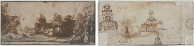 Insenatura rocciosa con barche e edifici (recto); Schizzi di castelli (verso) da Unknown artist
