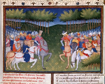 Romanzo di Ogier il Danese: il combattimento tra due cavalieri, miniatura tratta da 