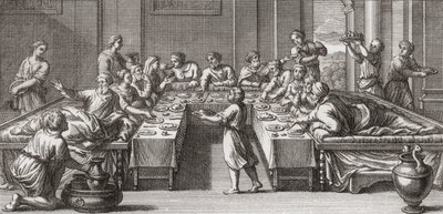 Triclinio romano, o sala da pranzo, con tavolo e divani da Unknown artist