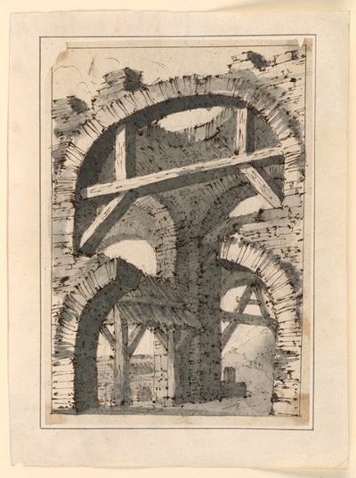 Archi di pietra grezza rinforzati da travi di legno da Unknown artist