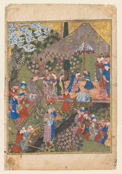 Ricevimento reale in un paesaggio, foglio destro del doppio frontespizio di uno Shahnama (Libro dei Re) di Firdausi (Persiano, circa 940–1019 o 1025) (verso) da Unknown artist