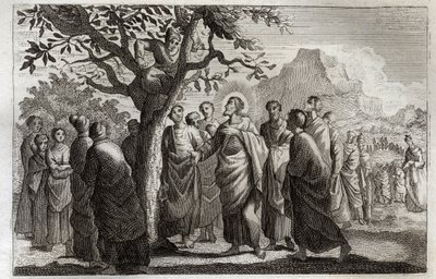 Bibbia di Royaumont, Nuovo Testamento: Conversione di Zacheo. Gesù Cristo parla con Zacheo arrampicato sul sicomoro. Illustrazione del 1811 da Unknown artist