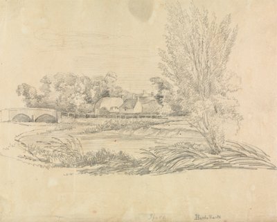 Paesaggio rurale con ponte e cottage da Unknown artist