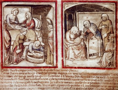 Ruth dà alla luce Obed, figlio di Boaz. Miniatura dal codice 212 (o codice padovano o Bibbia di Padova) 1390-1400 Rovigo, Accademia dei Concordi da Unknown artist