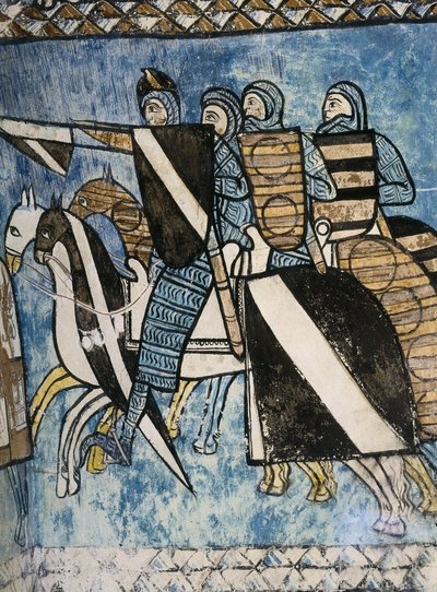 SPAGNA. CASTIGLIA E LEON. Valladolid. Monastero di San Bernardo de Valbuena. Esercito castigliano, gruppo di soldati cristiani a cavallo. XIV sec. Affresco sulla “” La Reconquista””. Arte gotica da Unknown artist
