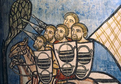 SPAGNA. CASTIGLIA E LEON. Valladolid. Monastero di San Bernardo de Valbuena. Gruppo di soldati cristiani a cavallo. Scuola castigliana. XIV secolo. Affresco sulla 