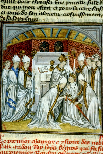 Incoronazione di Luigi VI (1108) - Illustrazione di manoscritto su pergamena del Medioevo “Grandi Cronache di Saint-Denis” fine XIV secolo da Unknown artist