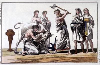 Sacrificio di un toro tra i Celti. Incisione del 19° secolo. da Unknown artist