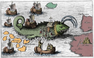 San Brandano, eroe e santo irlandese del VI secolo, rappresentato mentre celebra la Messa sul dorso della balena gigante Jasconius. La leggenda dice che la sua barca fu trasportata sul dorso di una balena. Incisione colorata del XVII secolo da Unknown artist