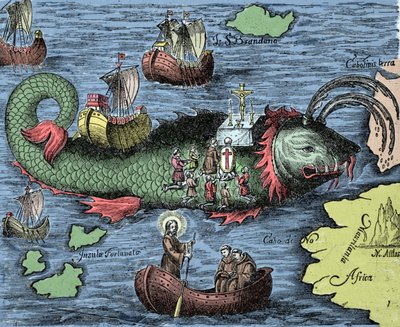 San Brandano, eroe e santo irlandese del VI secolo, rappresentato mentre celebra la Messa sul dorso della balena gigante Jasconius. La leggenda dice che la sua barca fosse trasportata sul dorso di una balena. Incisione colorata da "Nova Tipus Transacto Nav da Unknown artist