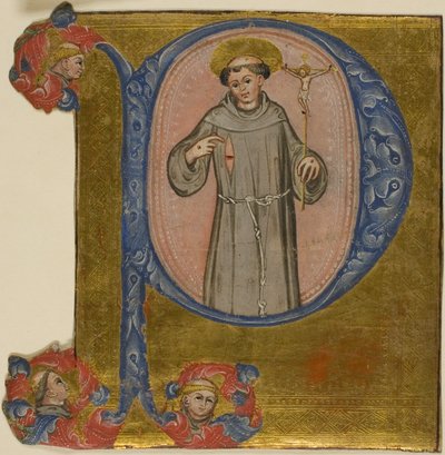 San Francesco in una "P" iniziale storicizzata da Unknown artist