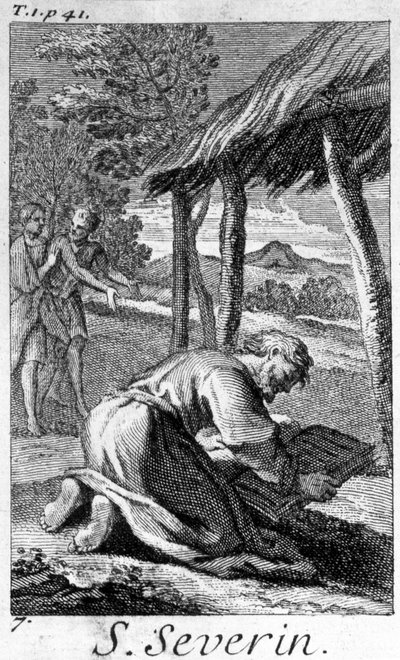 San Severino, evangelizzatore del Norico (attuale Austria), che legge. Incisione del XVII secolo. da Unknown artist