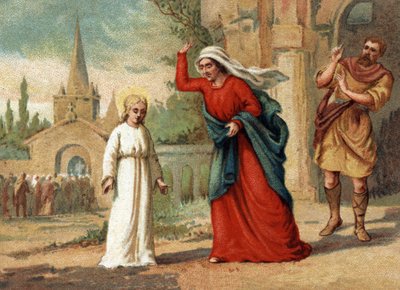 Santa Genoveffa (422-502), patrona di Parigi maltrattata da sua madre. Cromolitografia intorno al 1890 da Unknown artist