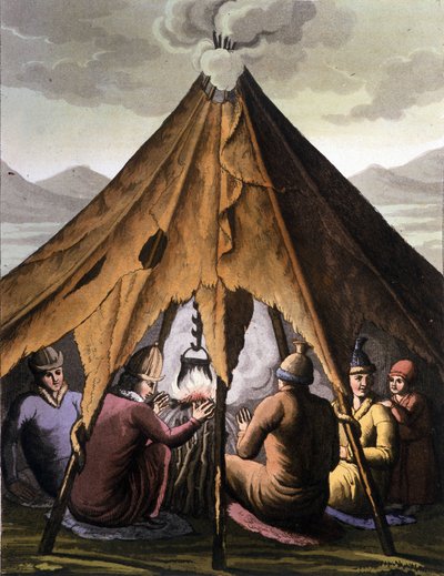 Popolo Sami: popolo indigeno che vive nelle terre dei paesi nordici (Norvegia, Finlandia, Svezia e Russia) riuniti attorno a un fuoco sotto una tenda. Incisione del 19° secolo da Unknown artist